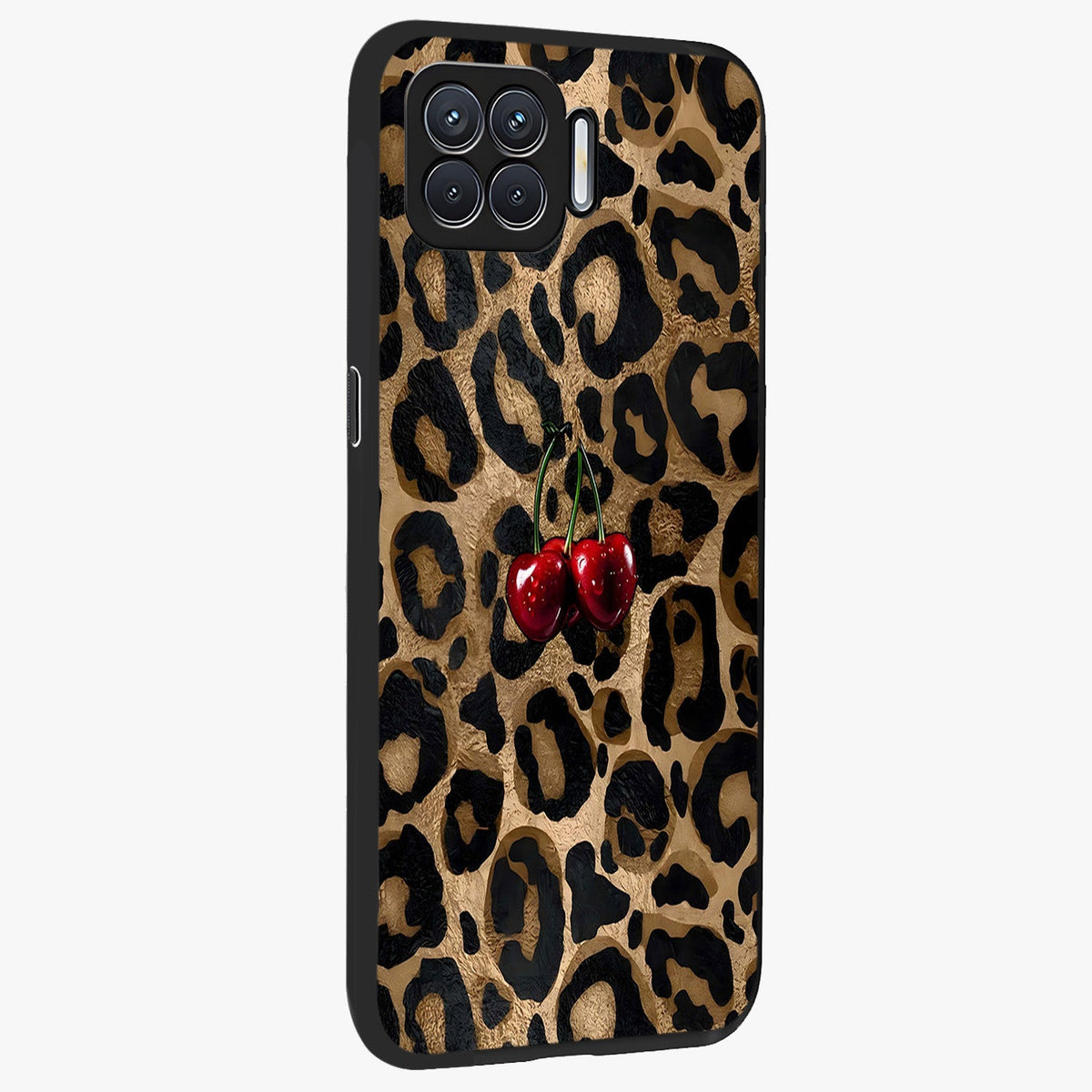Leopard Wild Cherry Glass Case upright view showcasing stylish leopard pattern artwork with trendy fashion theme.