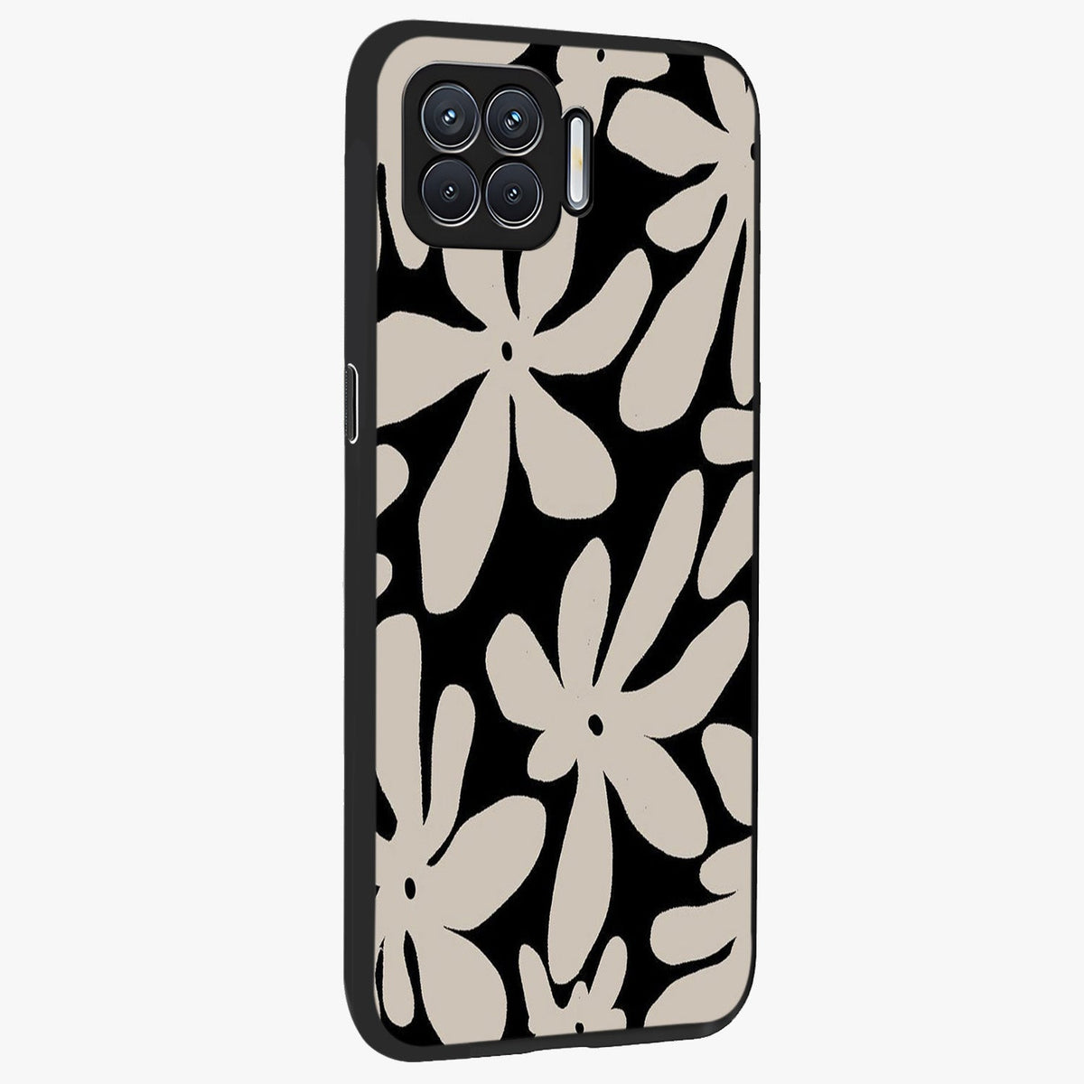 Monochrome Petal Dance Glass Case upright view showcasing artistic floral pattern with stylish monochrome theme.