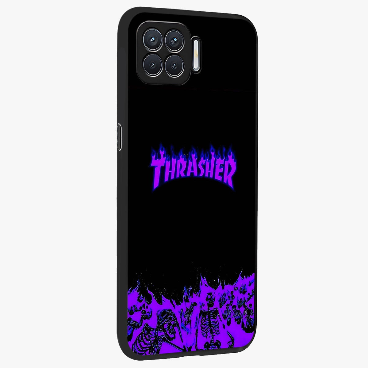 Neon Flame Riot Glass Case upright view showcasing dynamic flame artwork with energetic neon theme.