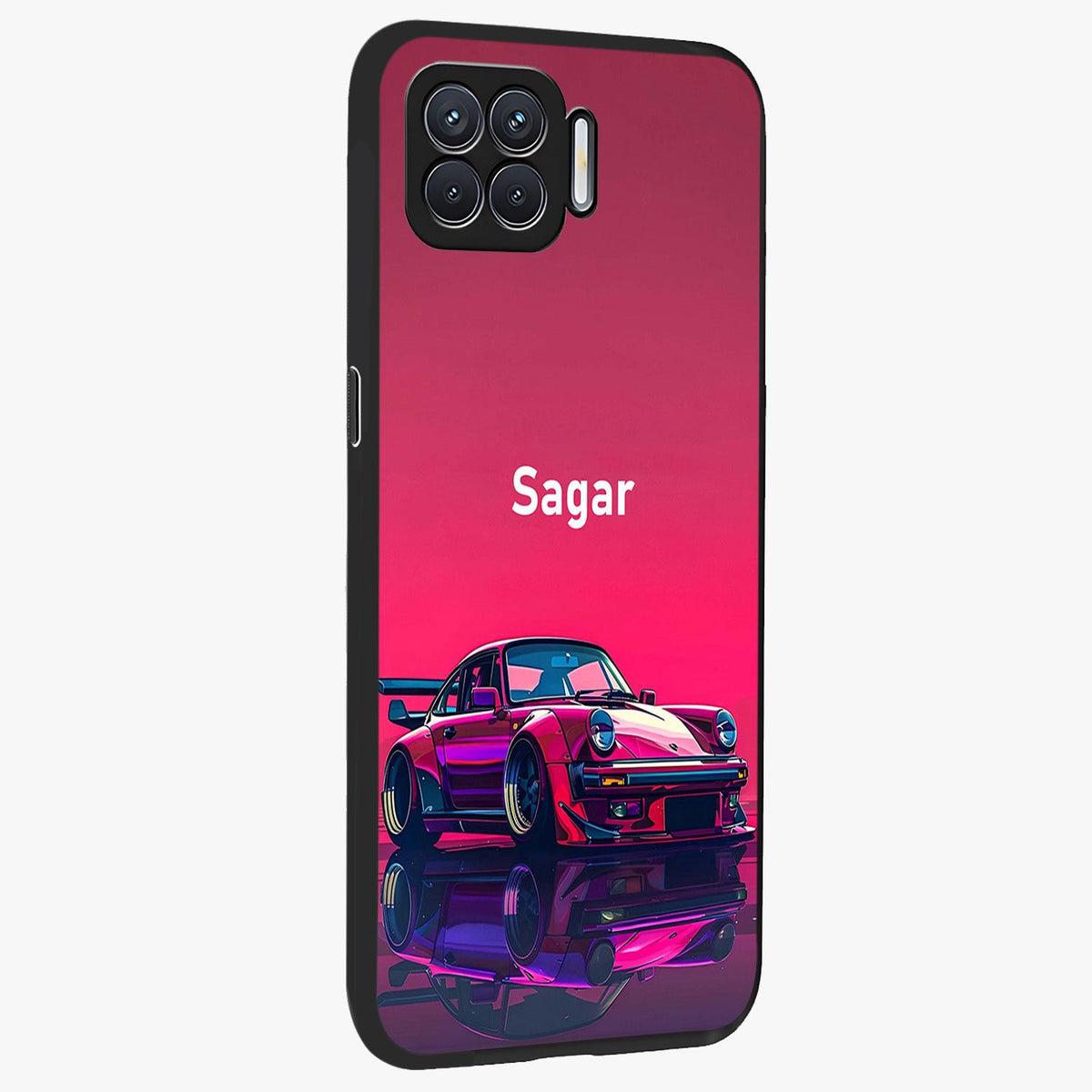 Neon Pink Porsche Glass Case upright view showcasing vibrant sports car artwork with bold automotive theme.