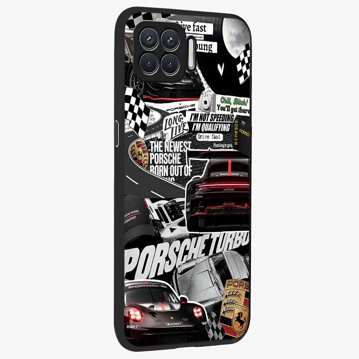 Porsche Racing Collage Glass Case upright view showcasing energetic car collage artwork with high speed racing theme.