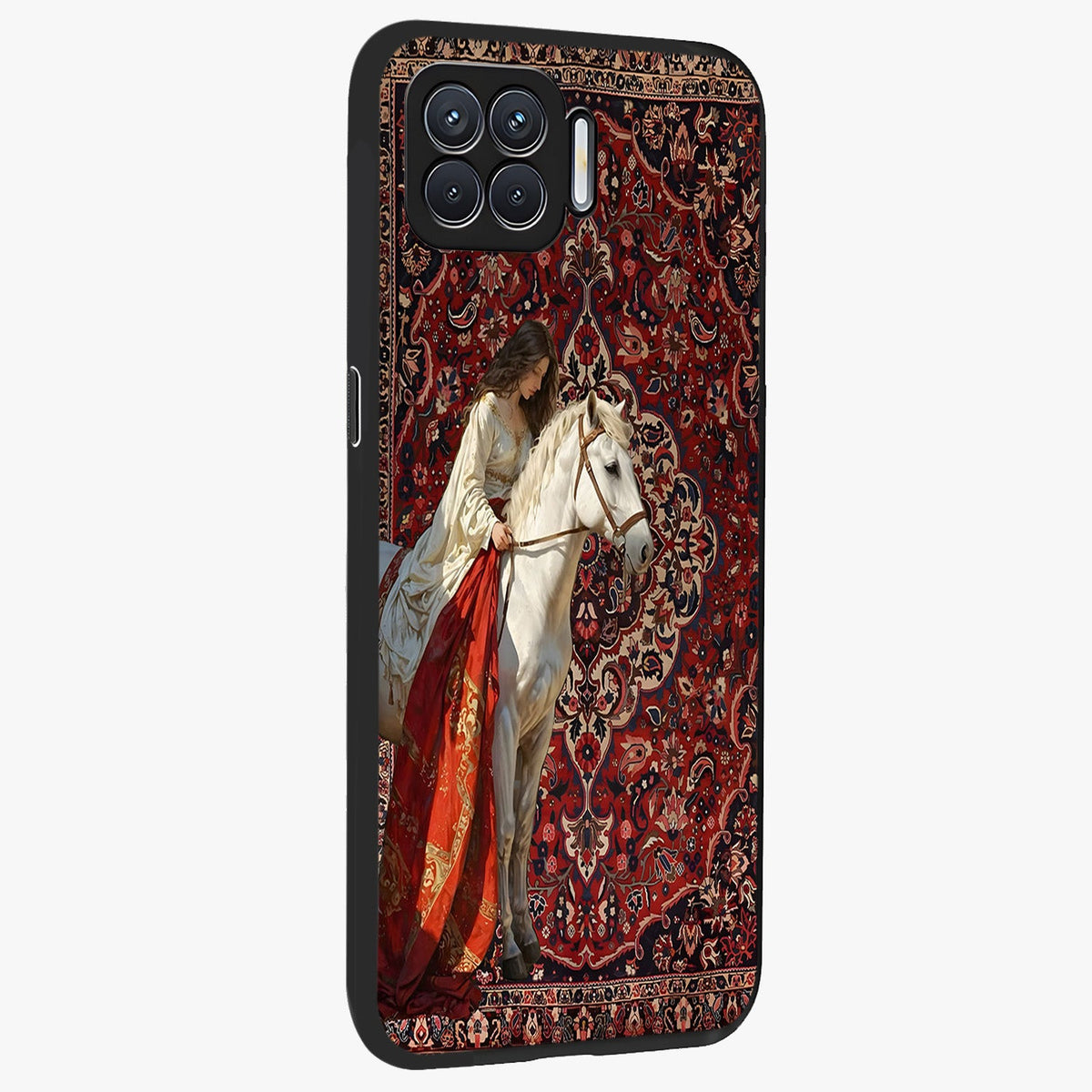 Royal Rider Tapestry Glass Case upright view showcasing detailed rider artwork with classic tapestry theme.