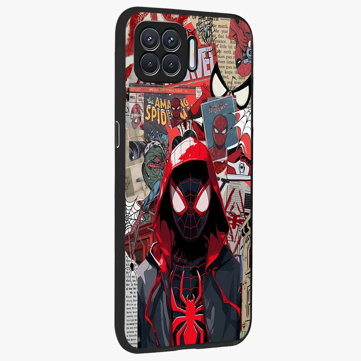 Spider Collage Street Glass Case upright view showcasing bold superhero artwork with urban street theme.