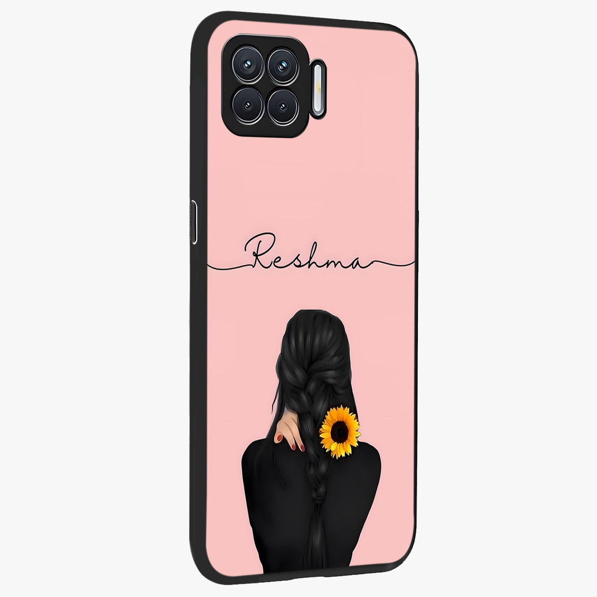 Sunflower Braid Beauty With Custom Name Glass Case upright view showcasing bright sunflower artwork with personalized floral aesthetic.