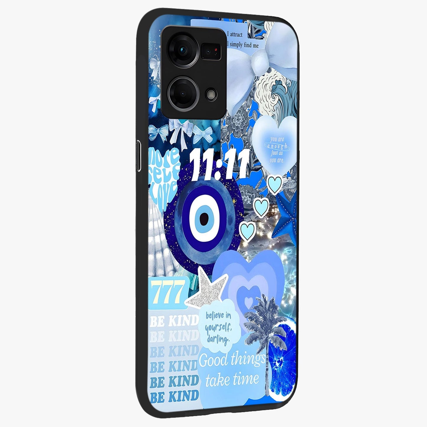 Aesthetic Be Kind Eye Glass Case upright view showcasing stylish eye illustration with positive message theme.