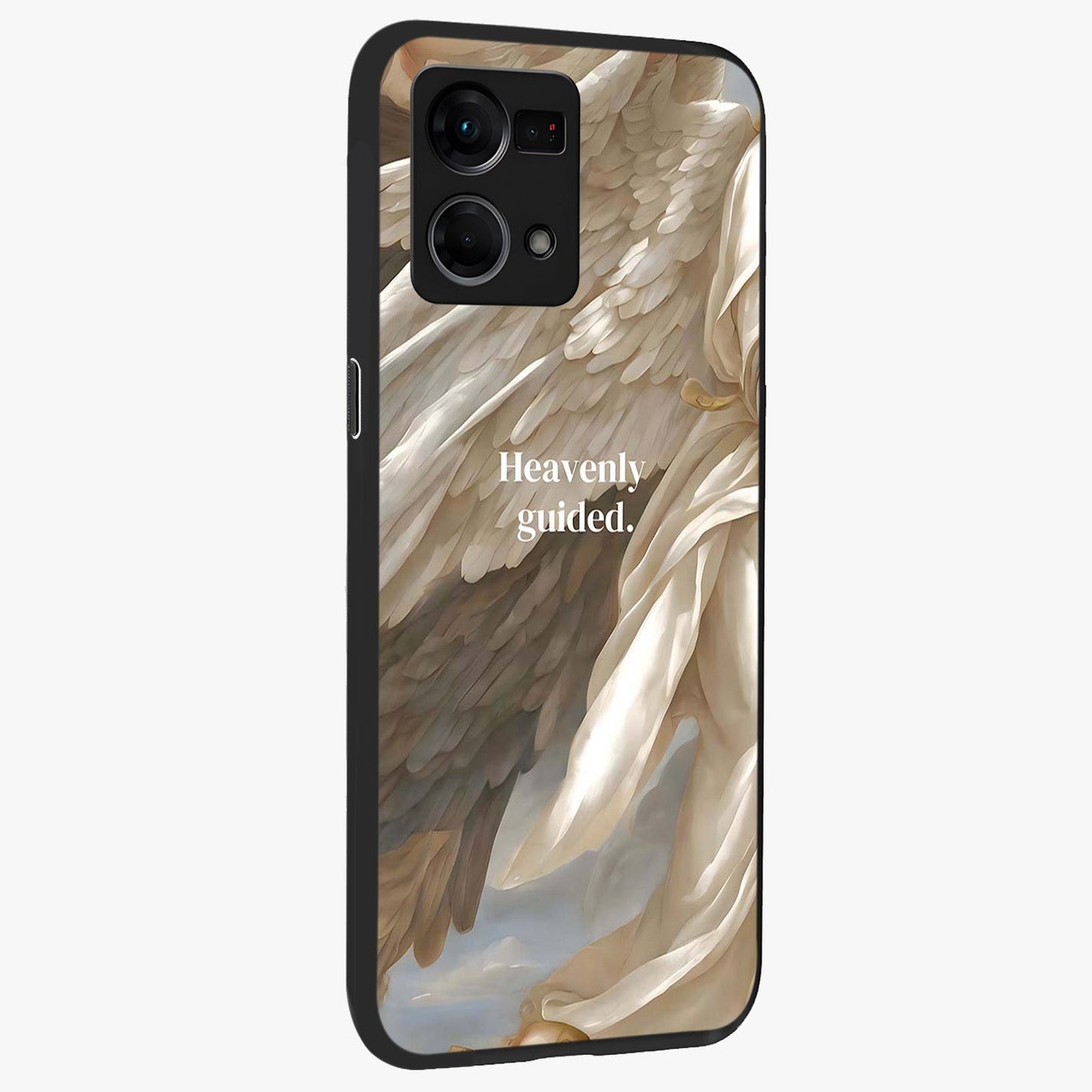 Divine Winged Grace Glass Case upright view showcasing spiritual wing artwork with soft celestial theme.