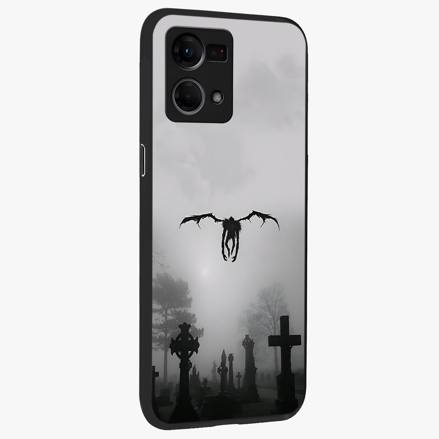 Graveyard Shadow Descent Glass Case upright view showcasing haunting graveyard artwork with dramatic dark theme.