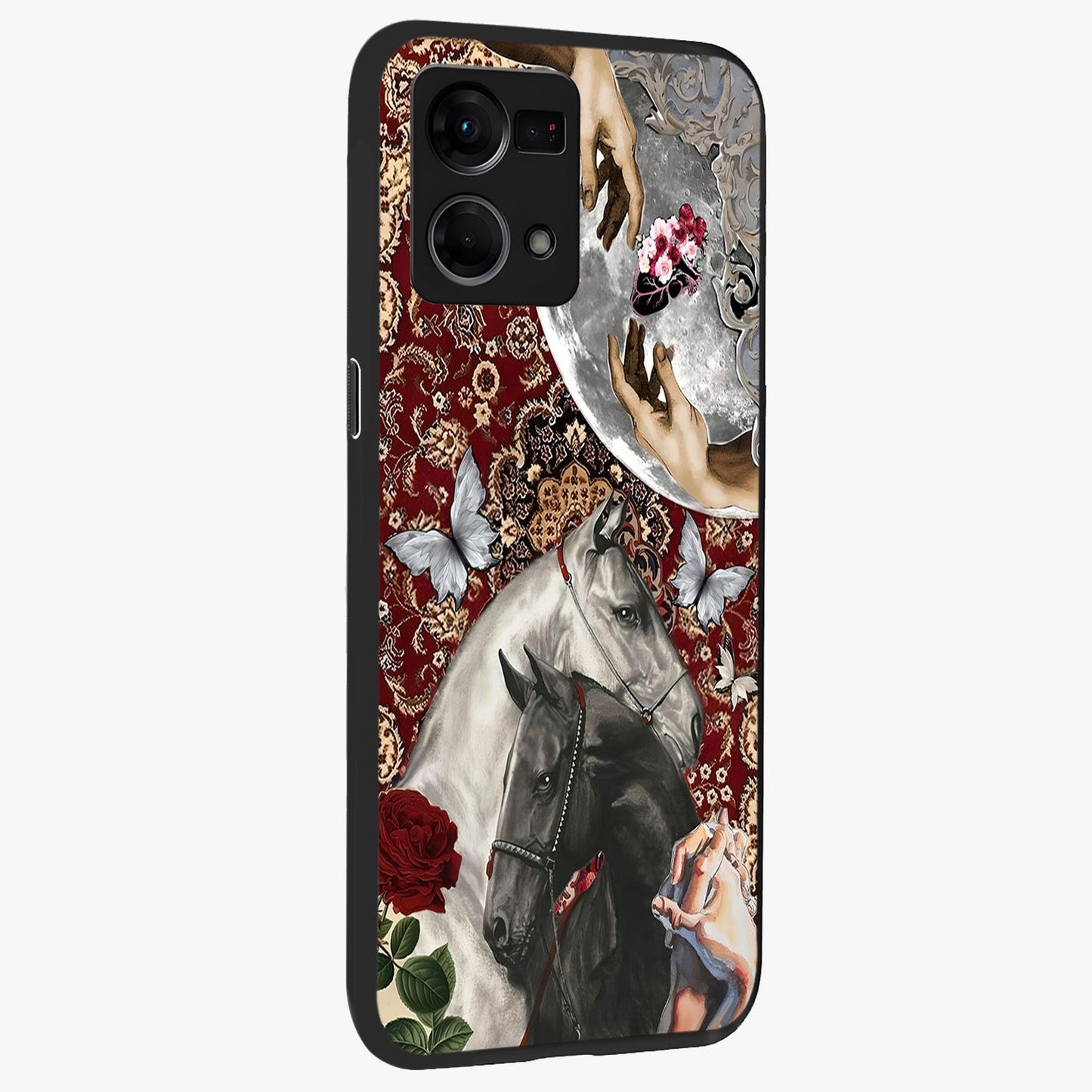 Moonlit Royal Stallion Glass Case upright view showcasing dramatic horse artwork with glowing moon themed design.