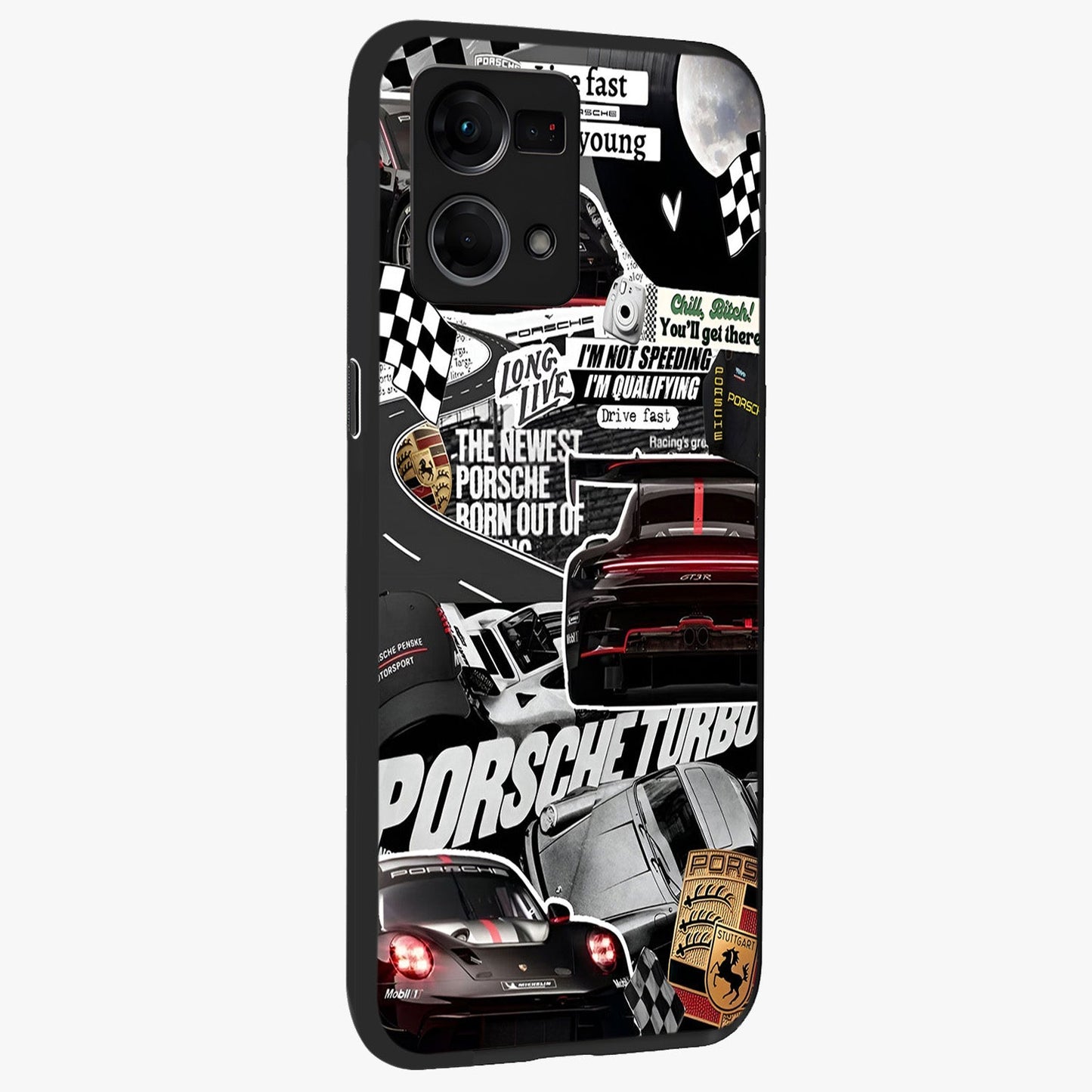 Porsche Racing Collage Glass Case upright view showcasing energetic car collage artwork with high speed racing theme.