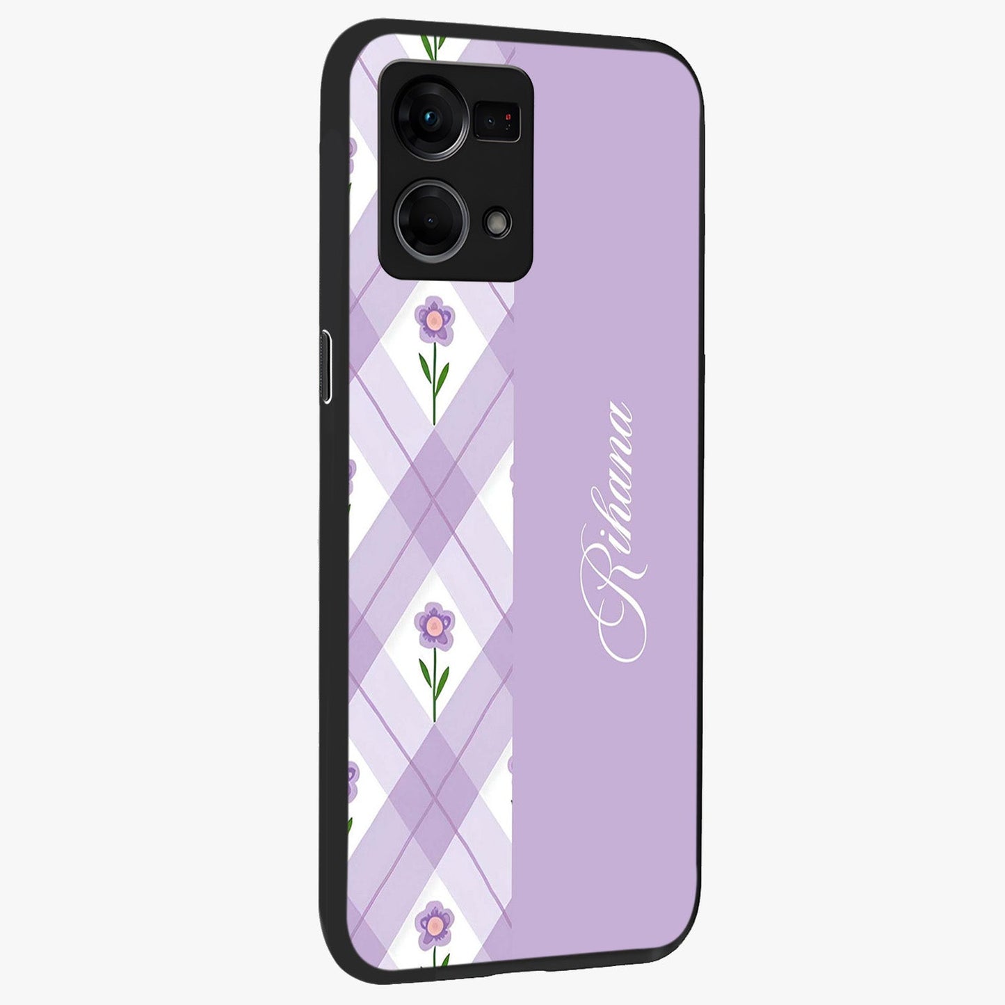 Purple Diamond Floral Glass Case upright view showcasing vibrant floral artwork with stylish geometric theme.
