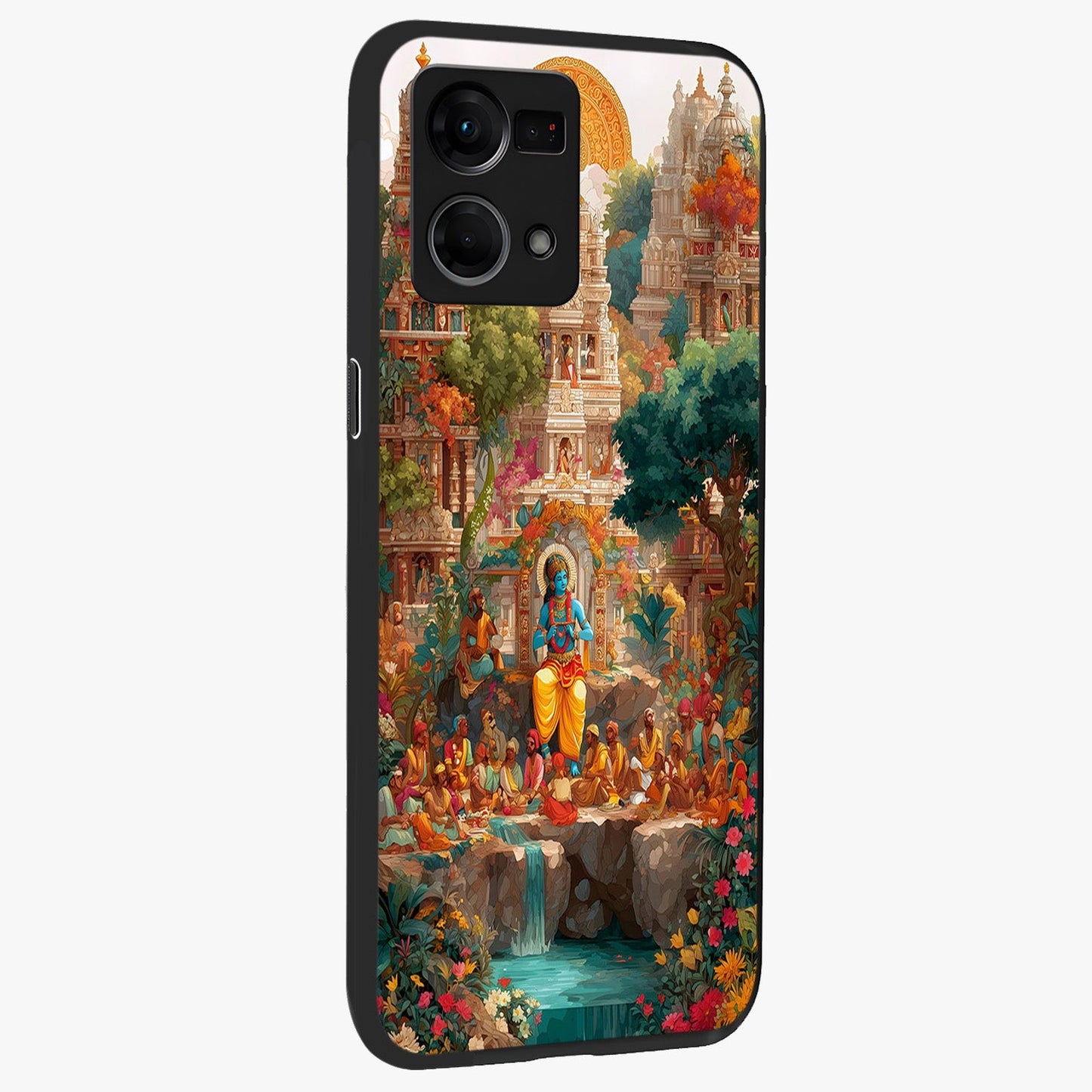 Sacred Sunlight Gods Glass Case upright view showcasing glowing divine artwork with sacred mythological theme.