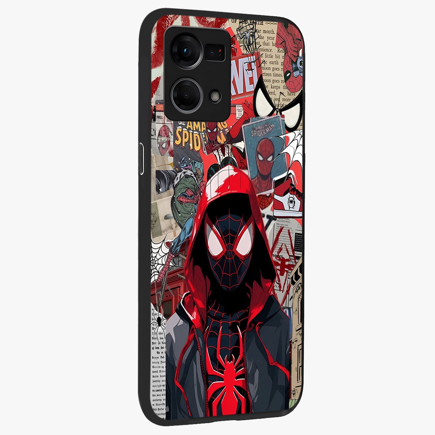 Spider Collage Street Glass Case upright view showcasing bold superhero artwork with urban street theme.