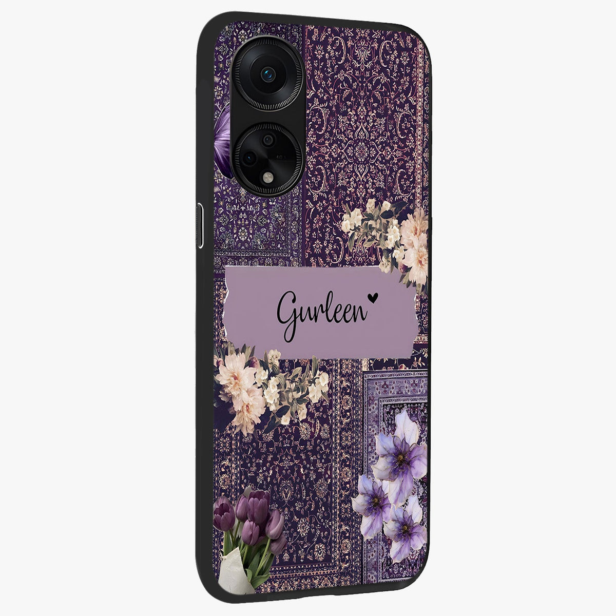 Antique Floral Whisper Custom Name Glass Case upright view showcasing delicate floral artwork with custom name feature.