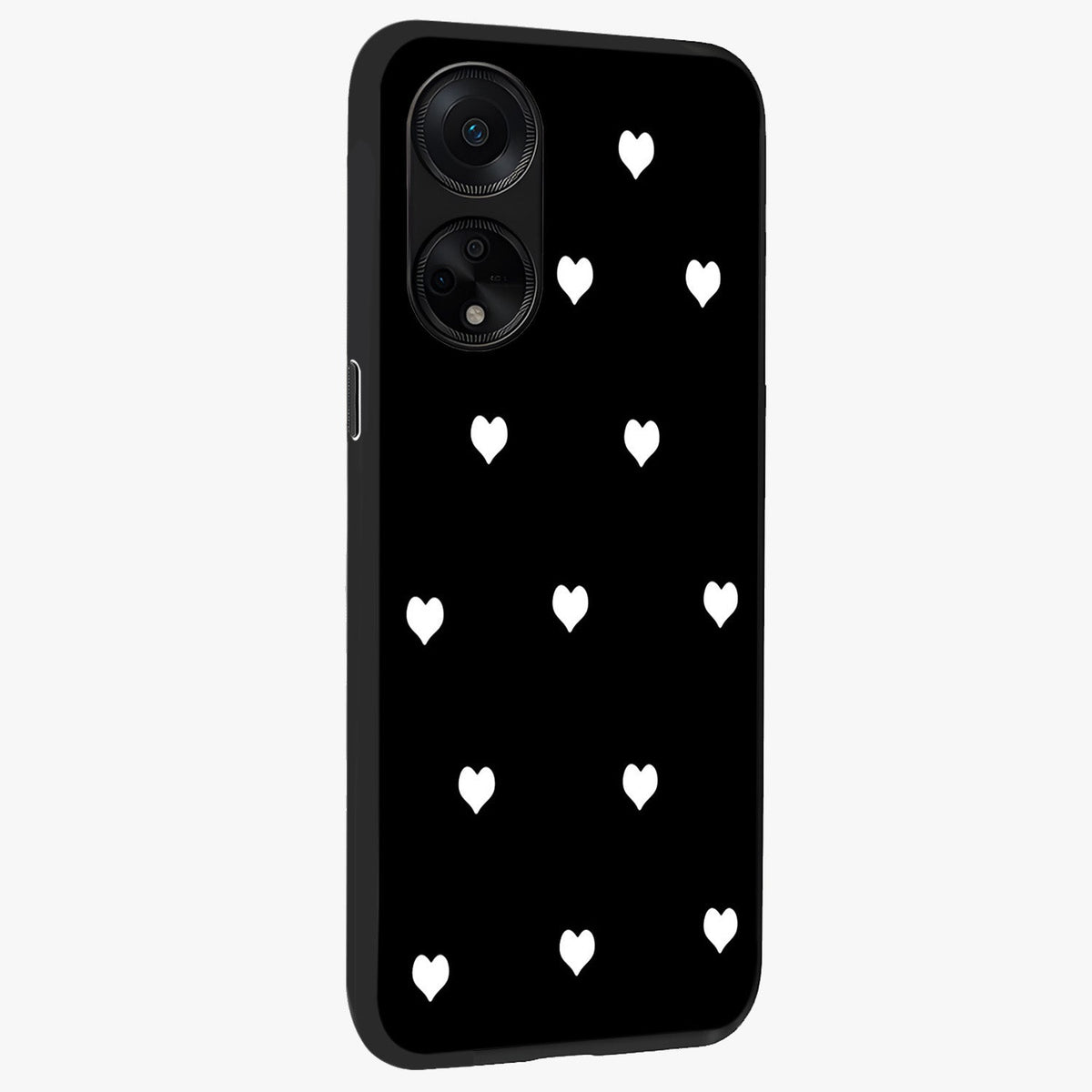 Cute And Simple White Hearts Glass Case upright view showcasing simple white hearts artwork with soft minimal theme.