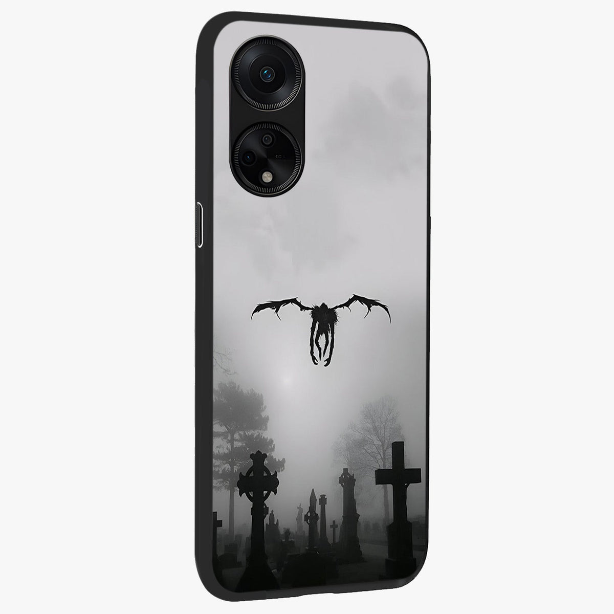 Graveyard Shadow Descent Glass Case upright view showcasing haunting graveyard artwork with dramatic dark theme.