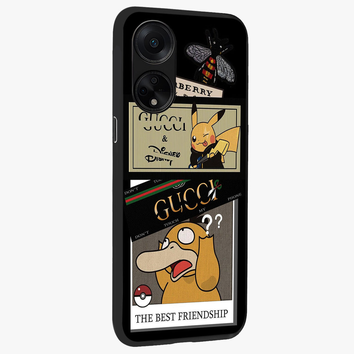 Gucci Play Mashup Glass Case upright view showcasing trendy luxury inspired artwork with modern fashion theme.