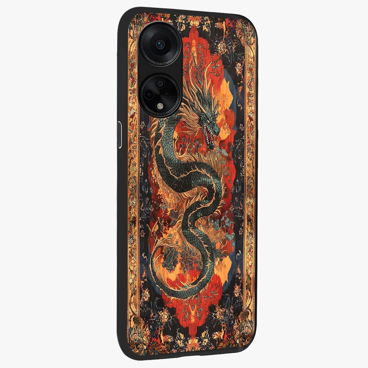 Inferno Dragon Soul Glass Case upright view showcasing intense dragon artwork with fantasy fire theme.