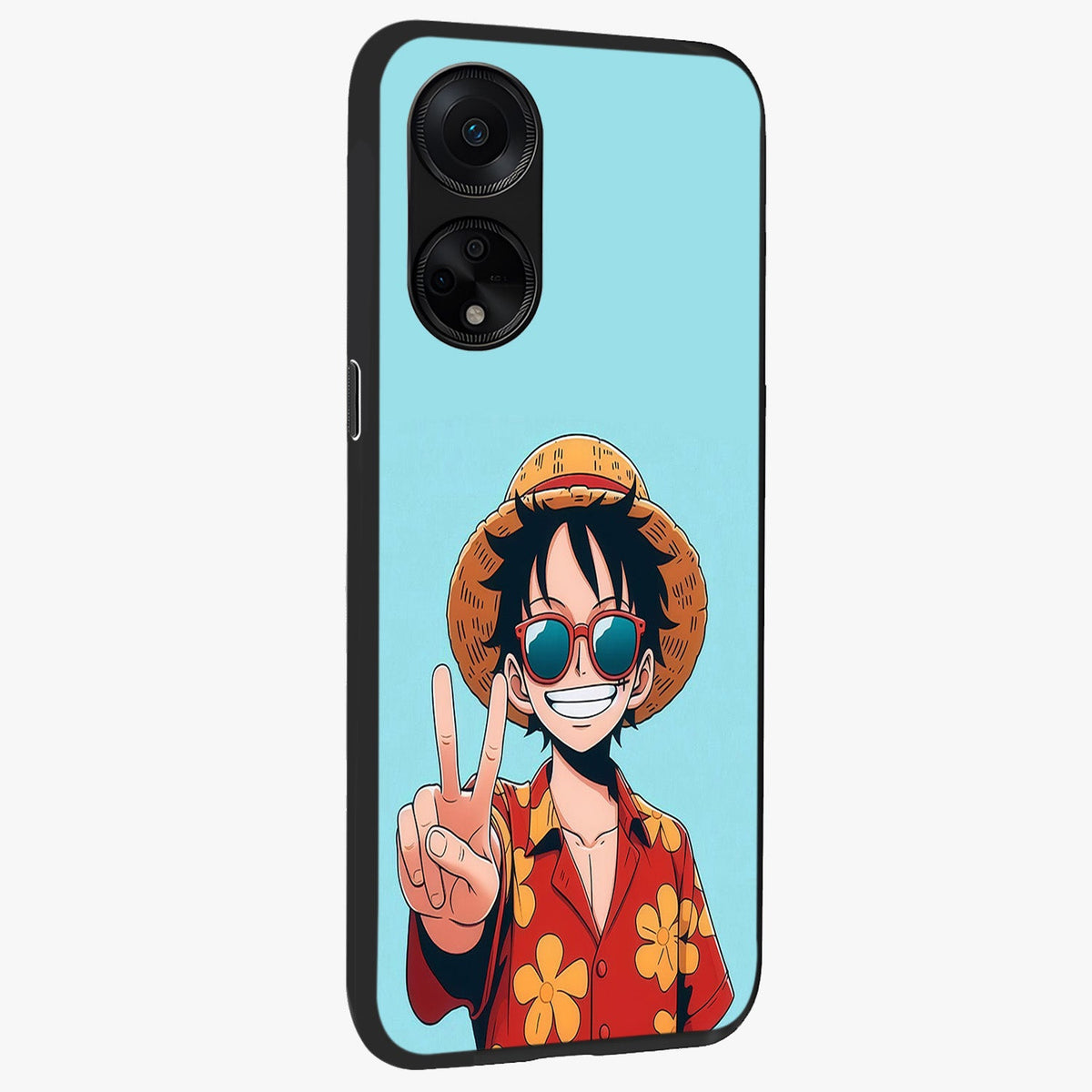 Luffy Summer Anime Vibe Glass Case upright view showcasing dynamic anime artwork with bright adventurous theme.