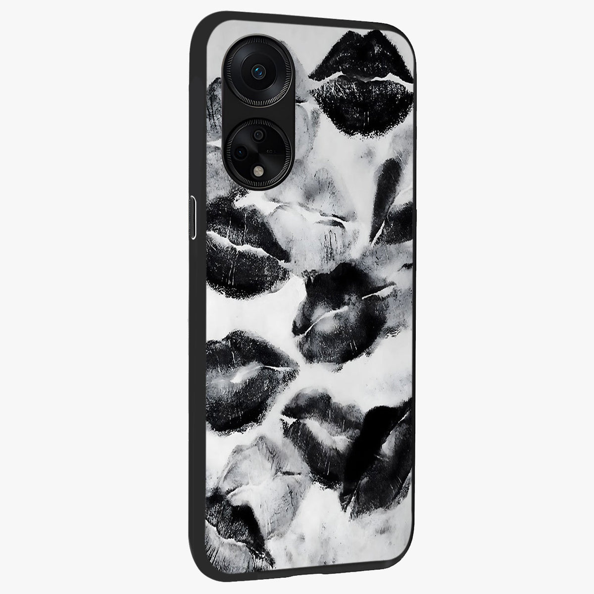 Midnight Kiss Marks Glass Case upright view showcasing stylish kiss mark artwork with trendy romantic theme.
