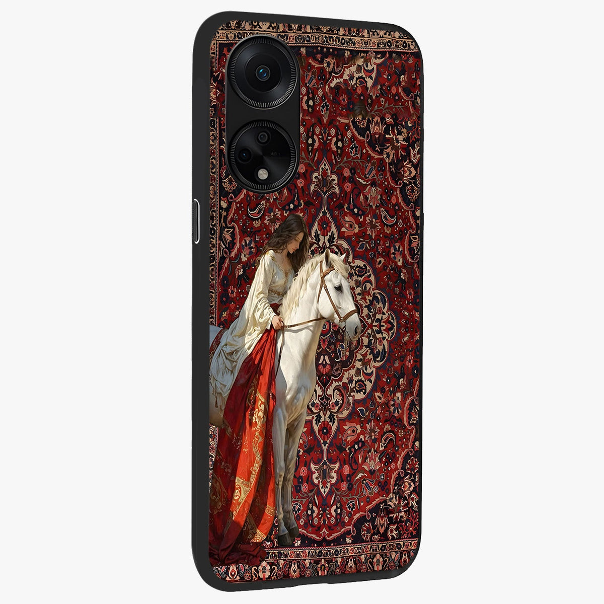 Royal Rider Tapestry Glass Case upright view showcasing detailed rider artwork with classic tapestry theme.