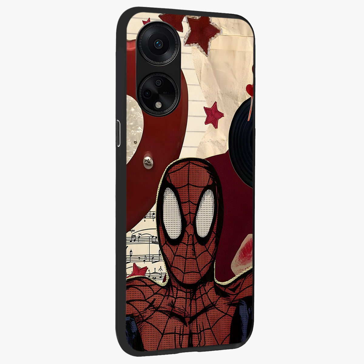 Web Warrior Vibes Glass Case upright view showcasing energetic superhero artwork with bold action theme.