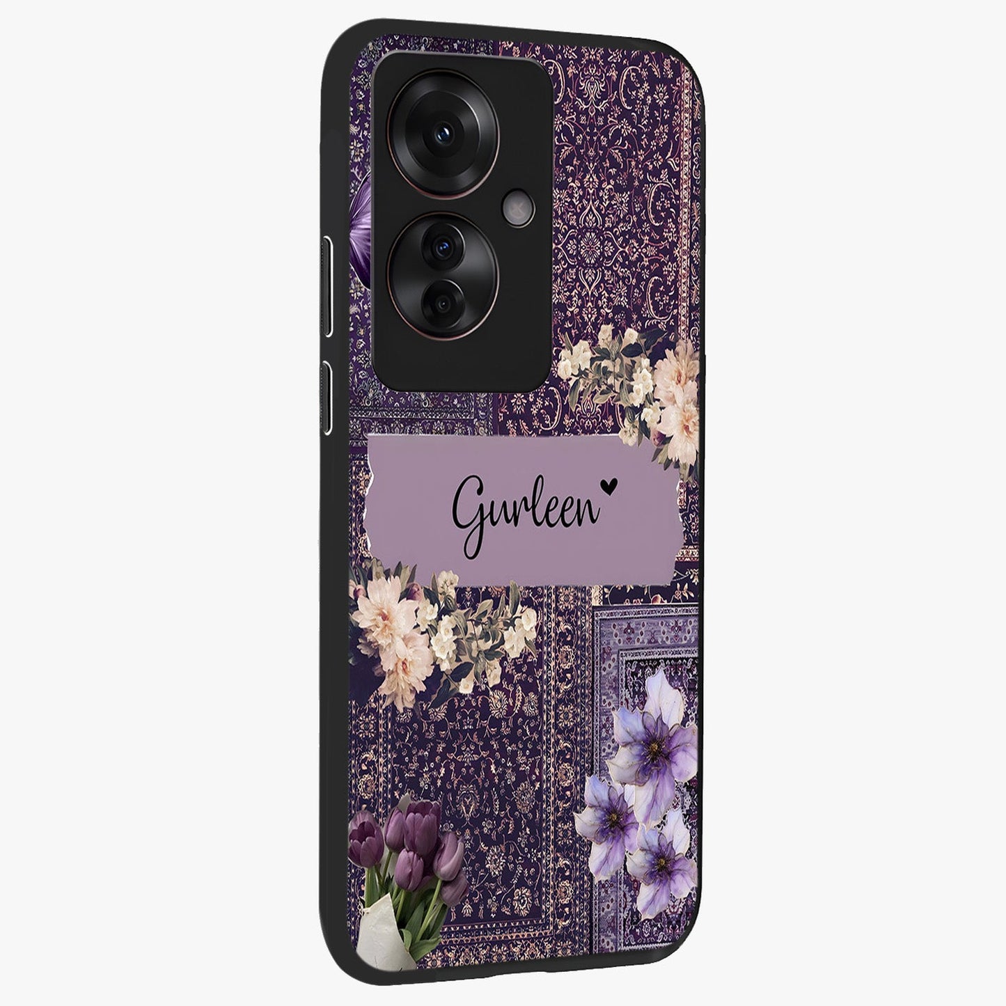 Antique Floral Whisper Custom Name Glass Case upright view showcasing delicate floral artwork with custom name feature.
