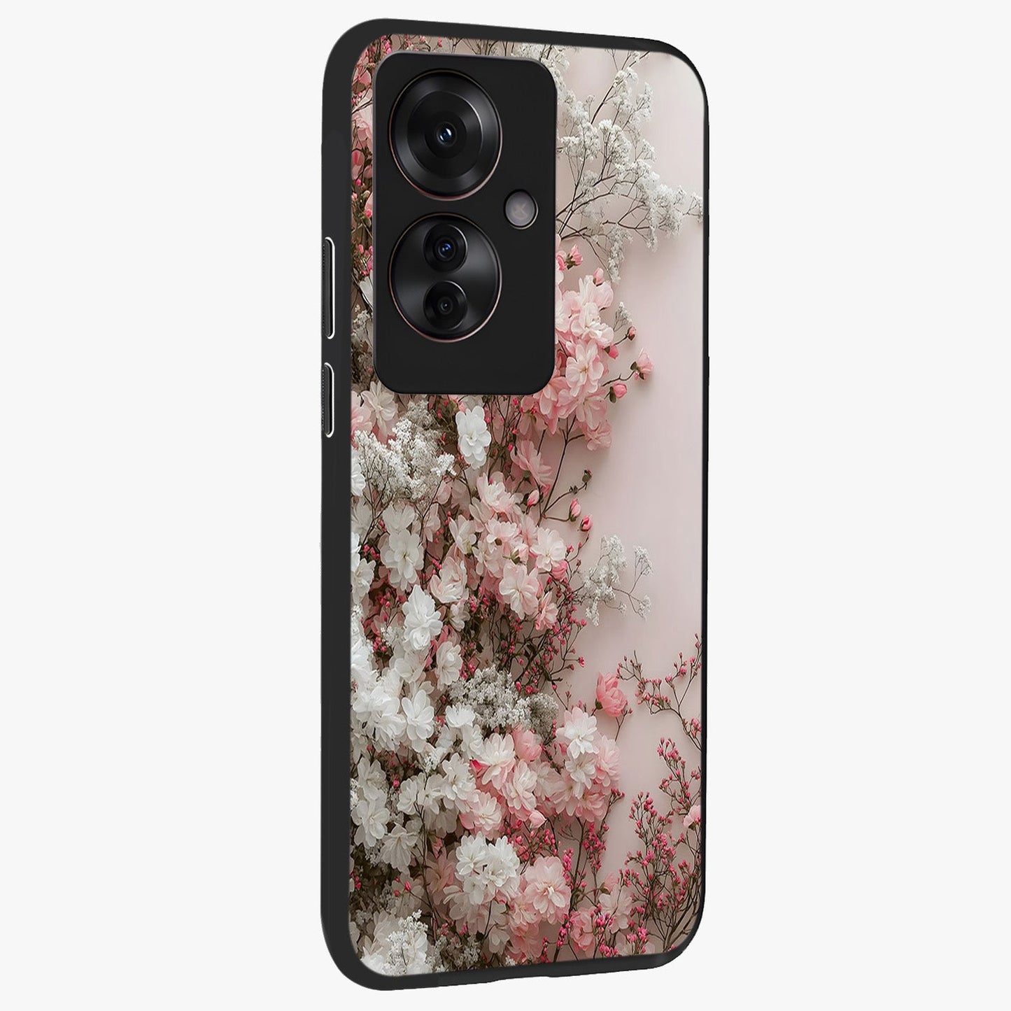 Blush Blossom Cloud Glass Case upright view showcasing calm floral cloud artwork with gentle dreamy theme.