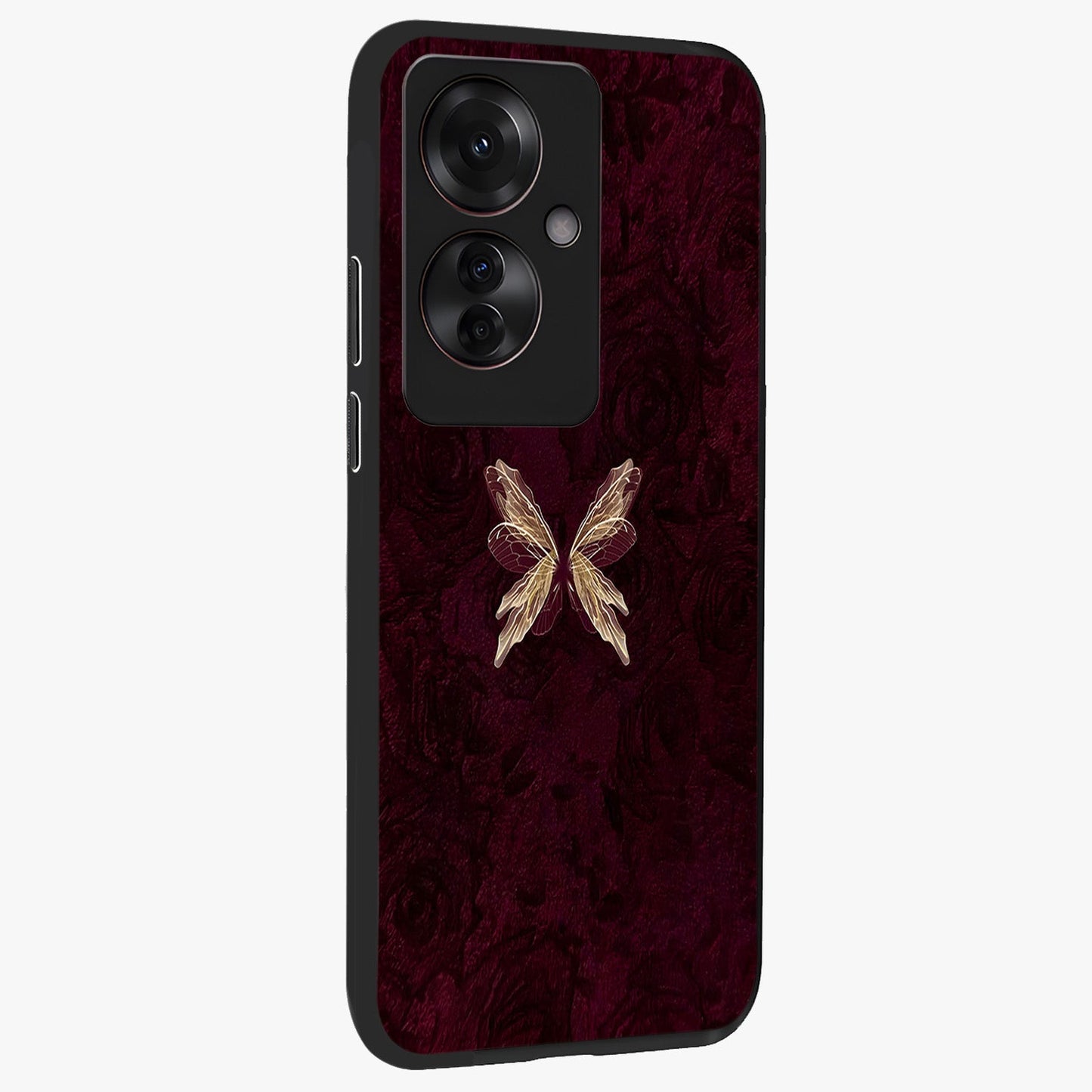 Crimson Fade Butterfly Glass Case upright view showcasing graceful butterfly artwork with soft crimson fade effect.