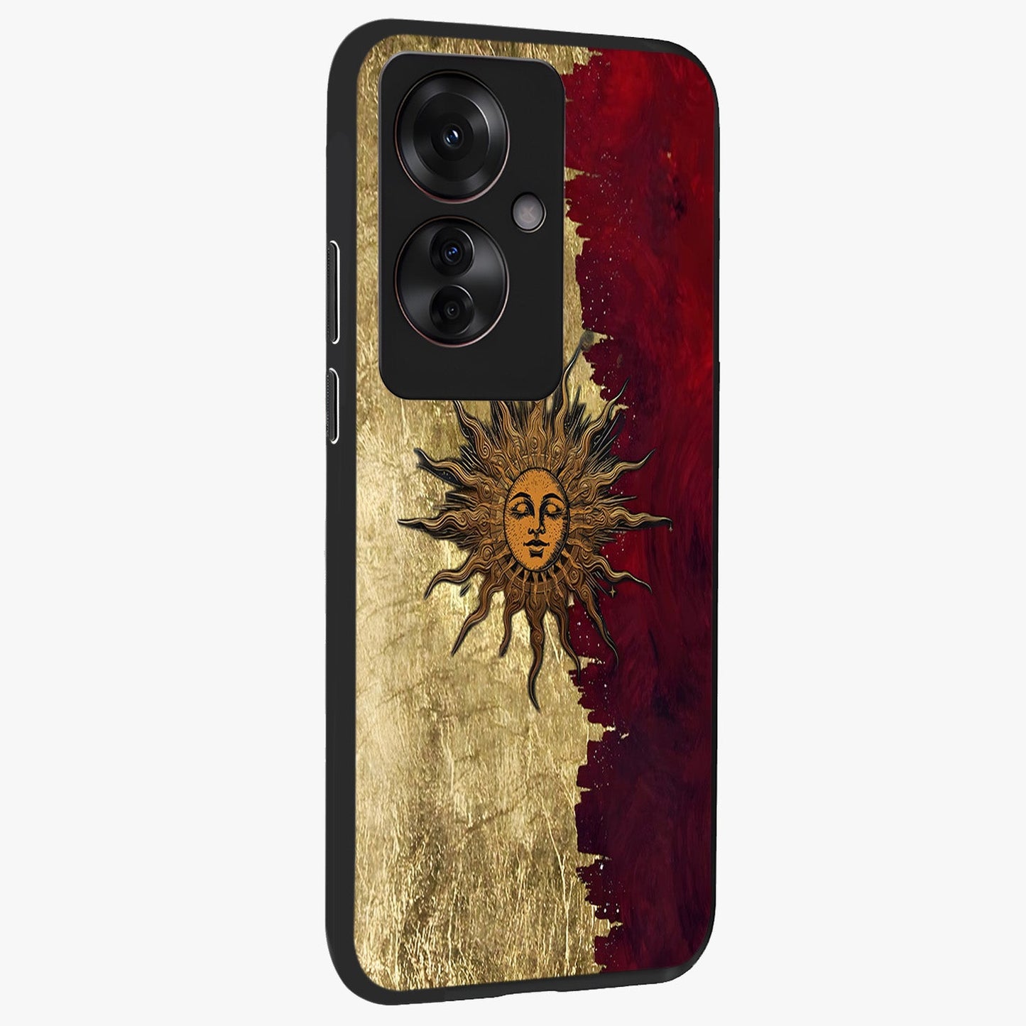 Crimson Sun Majesty Glass Case upright view showcasing vibrant sun artwork with powerful celestial theme.