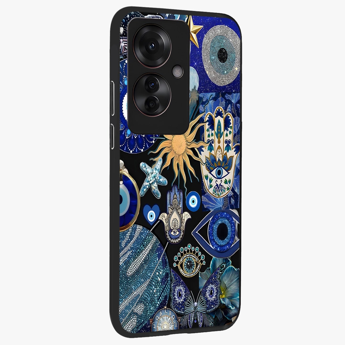 Evil Eye Charm Mix Glass Case upright view showcasing mystical evil eye pattern with vibrant decorative style.