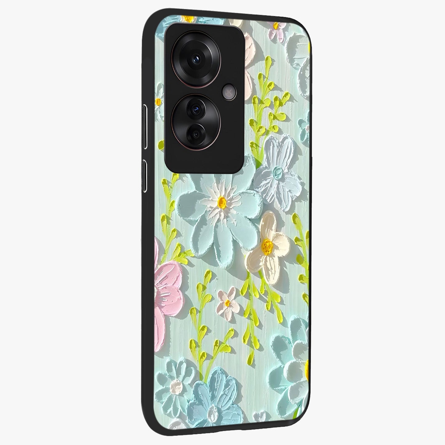 Frosted Petal Garden Glass Case upright view showcasing elegant floral garden artwork with soothing pastel theme.