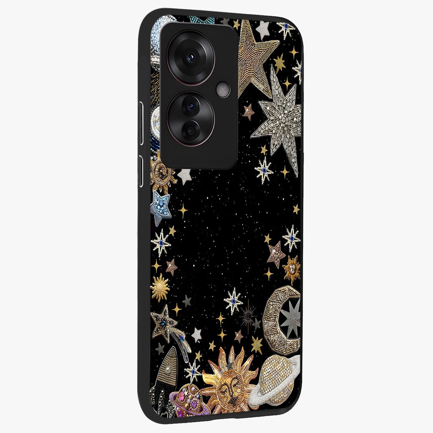 Galactic Jewel Stars Glass Case upright view showcasing glittering star jewel artwork with vibrant galaxy theme.