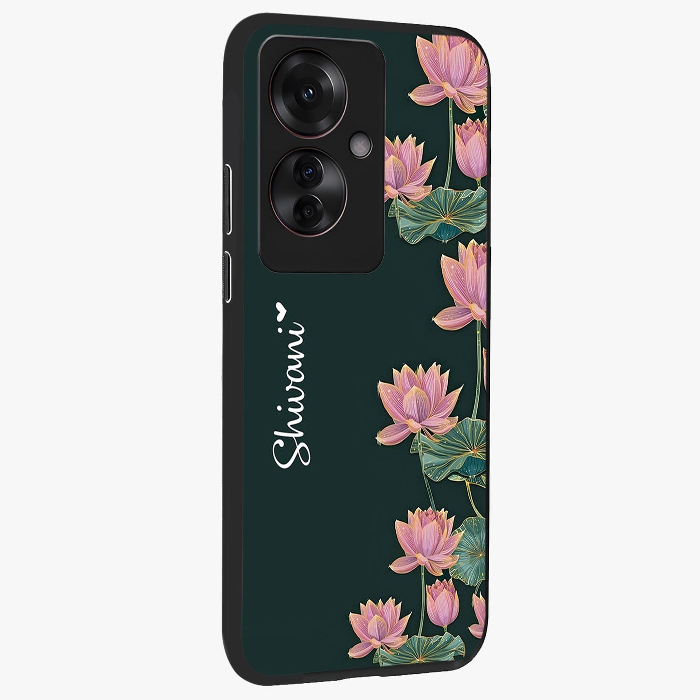 Lotus Bloom Serenity Custom Name Glass Case upright view showcasing serene lotus bloom artwork with personalized floral aesthetic.