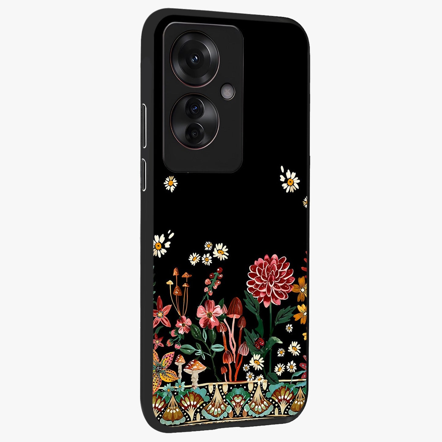 Midnight Bloom Pattern Glass Case upright view showcasing decorative floral artwork with deep night themed palette.