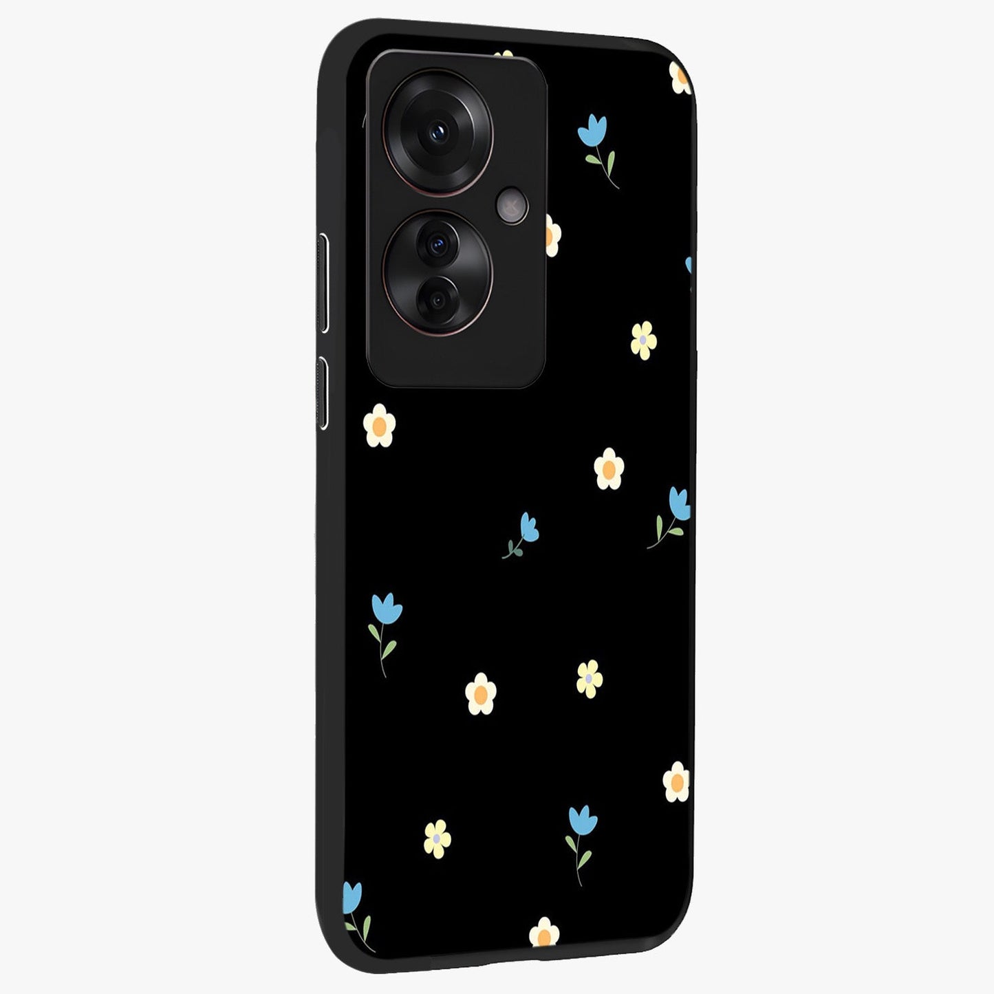 Minimal Petal Whispers Glass Case upright view showcasing elegant floral artwork with modern minimalist style.