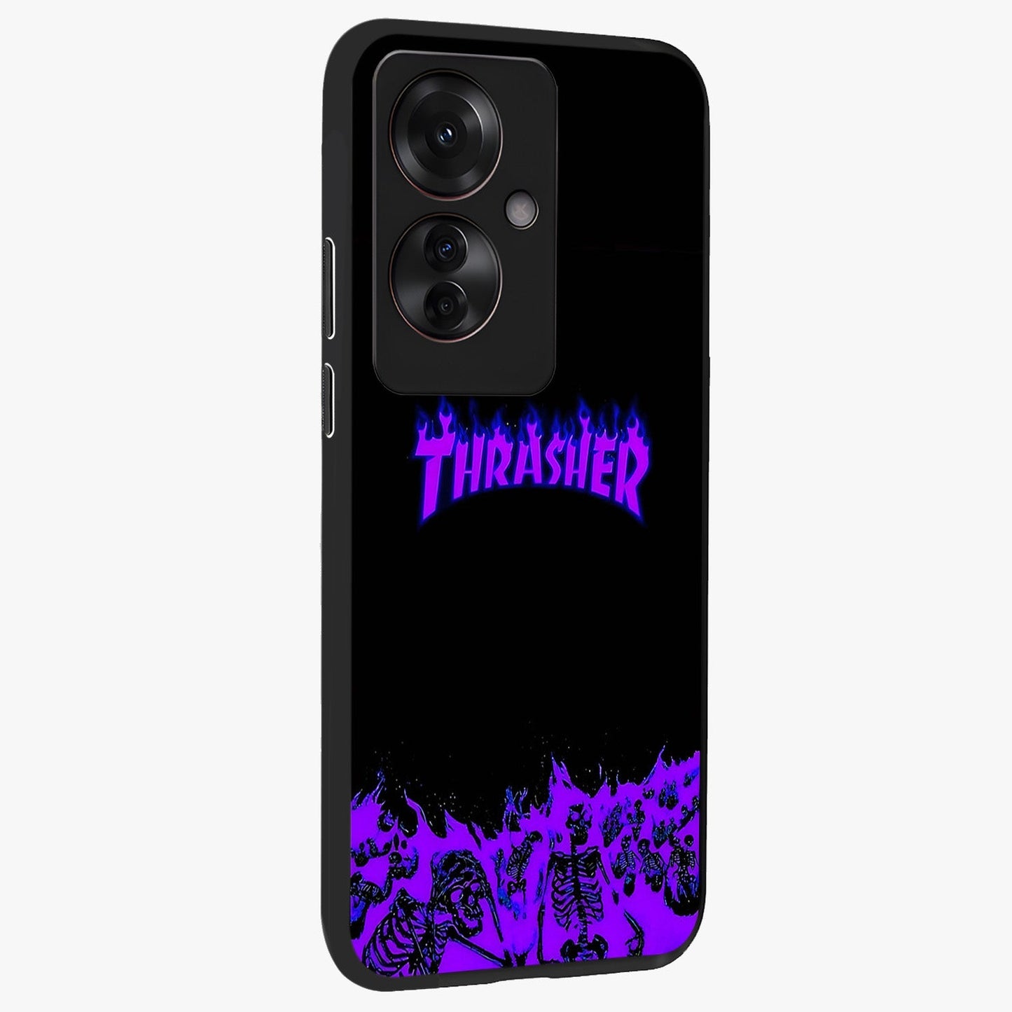 Neon Flame Riot Glass Case upright view showcasing dynamic flame artwork with energetic neon theme.