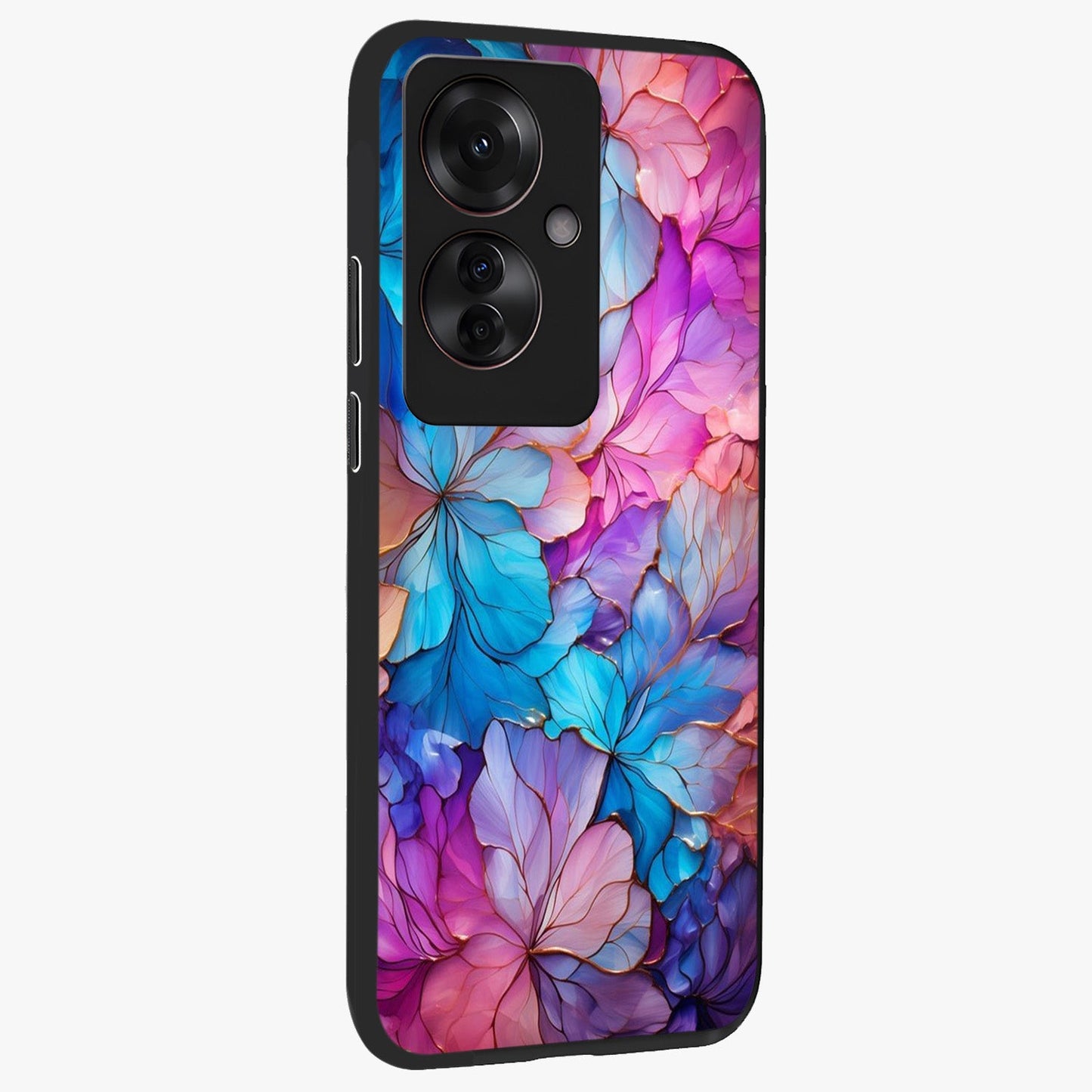 Radiant Floral Whirl Glass Case upright view showcasing lively floral artwork with decorative swirl theme.