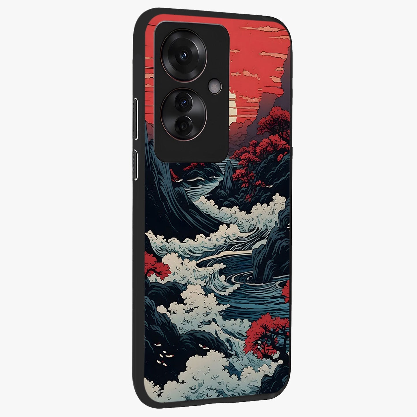 Red Sunset Scenery Glass Case upright view showcasing dramatic sunset scenery artwork with warm nature theme.