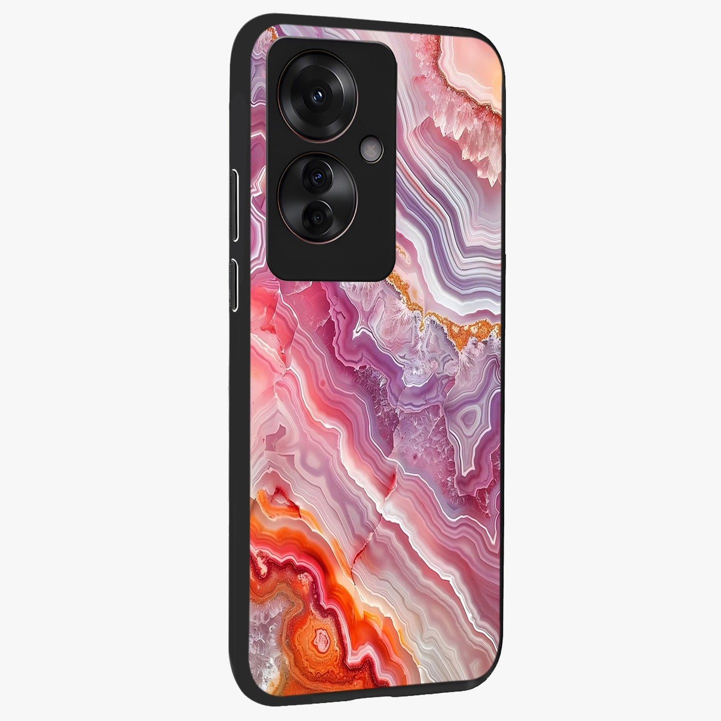 Rose Quartz Marble Glass Case upright view showcasing decorative marble artwork with luxurious pastel theme.