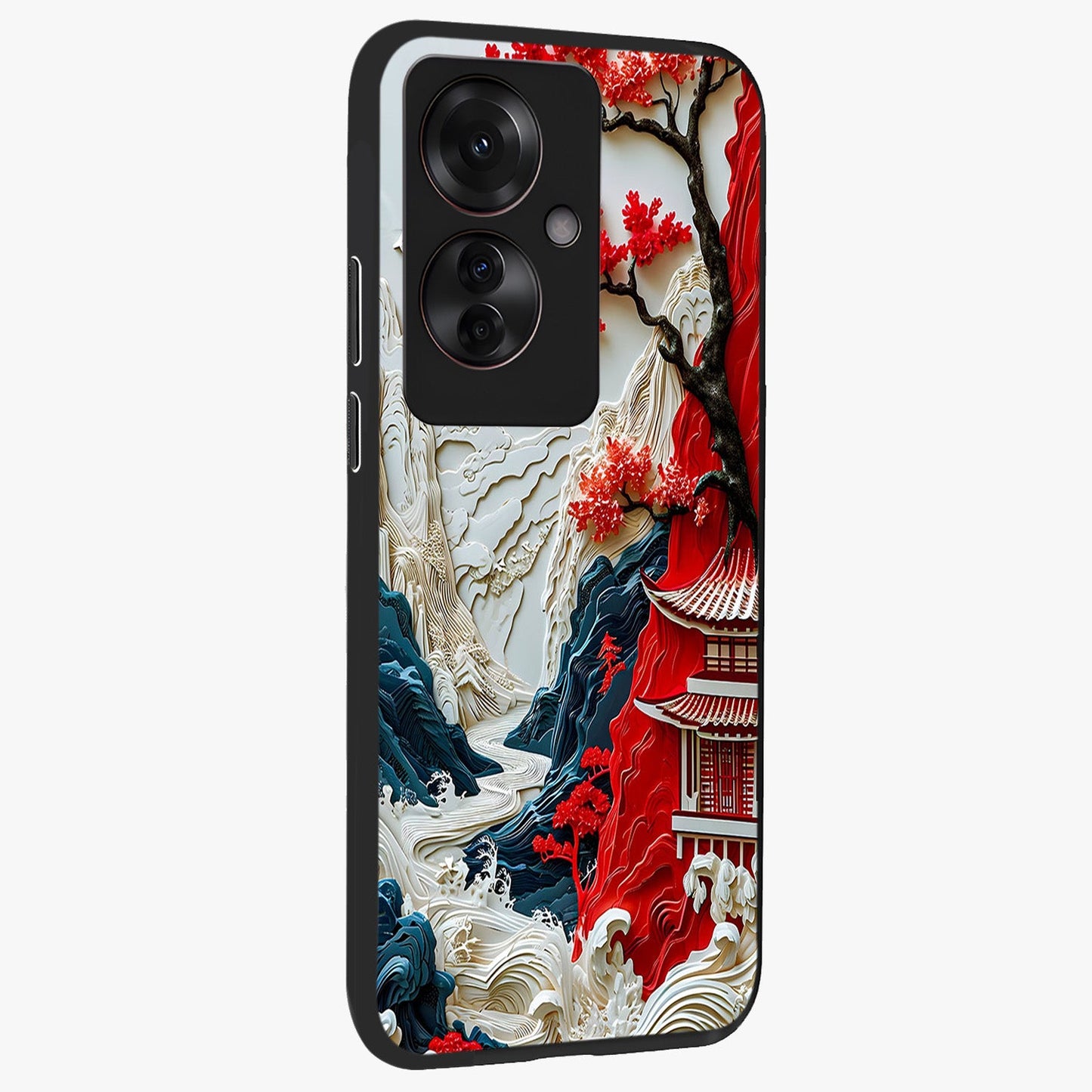 Whispers Of Sakura Waves Glass Case upright view showcasing delicate cherry blossom artwork with elegant nature theme.