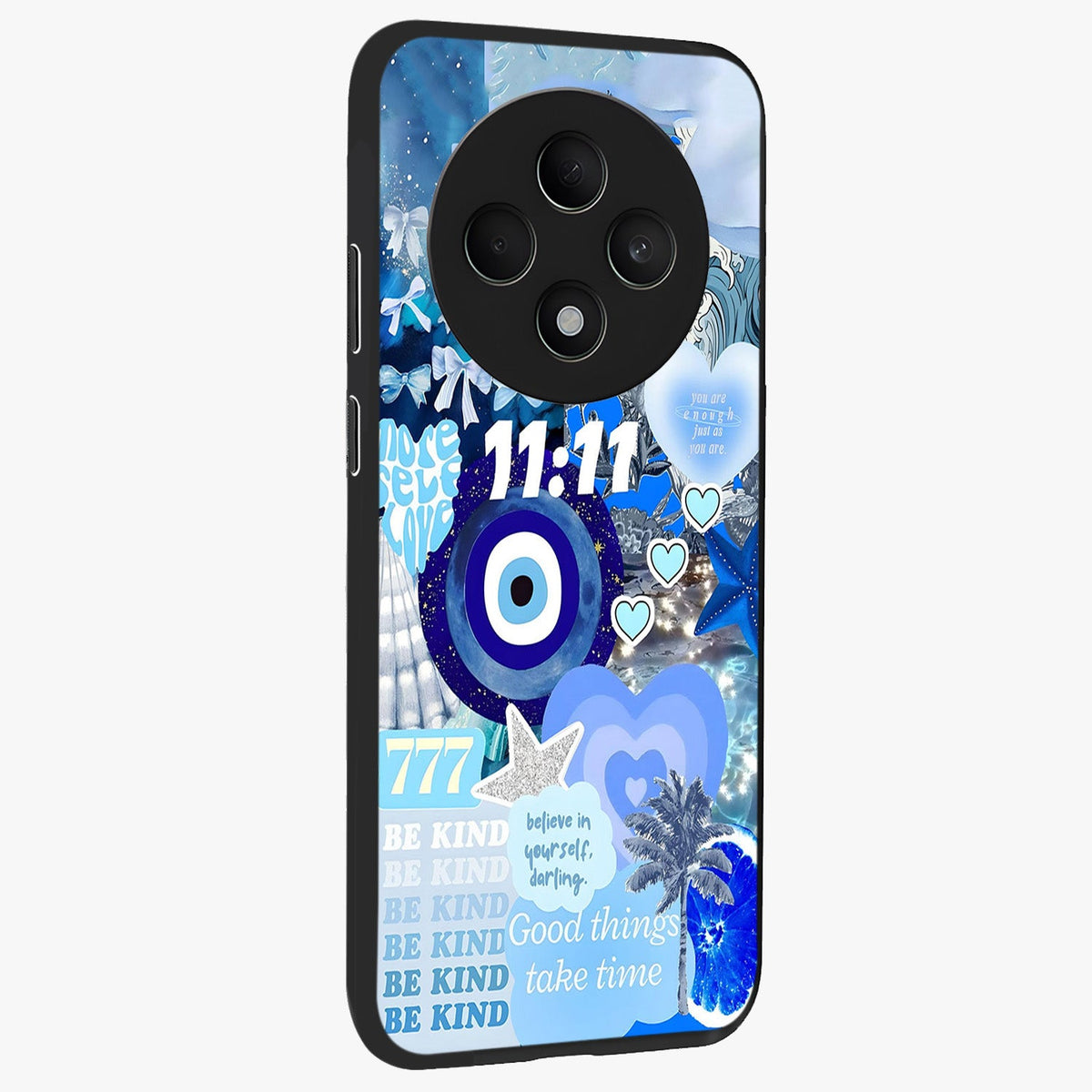 Aesthetic Be Kind Eye Glass Case upright view showcasing stylish eye illustration with positive message theme.