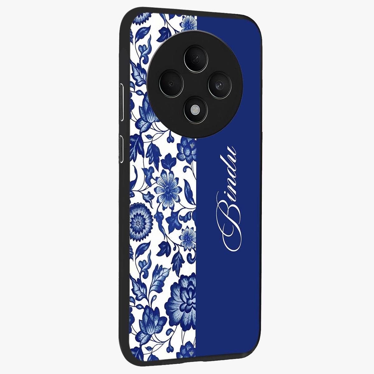 Blue Vintage Floral Pattern Glass Case upright view showcasing delicate blush floral texture with modern minimal style.