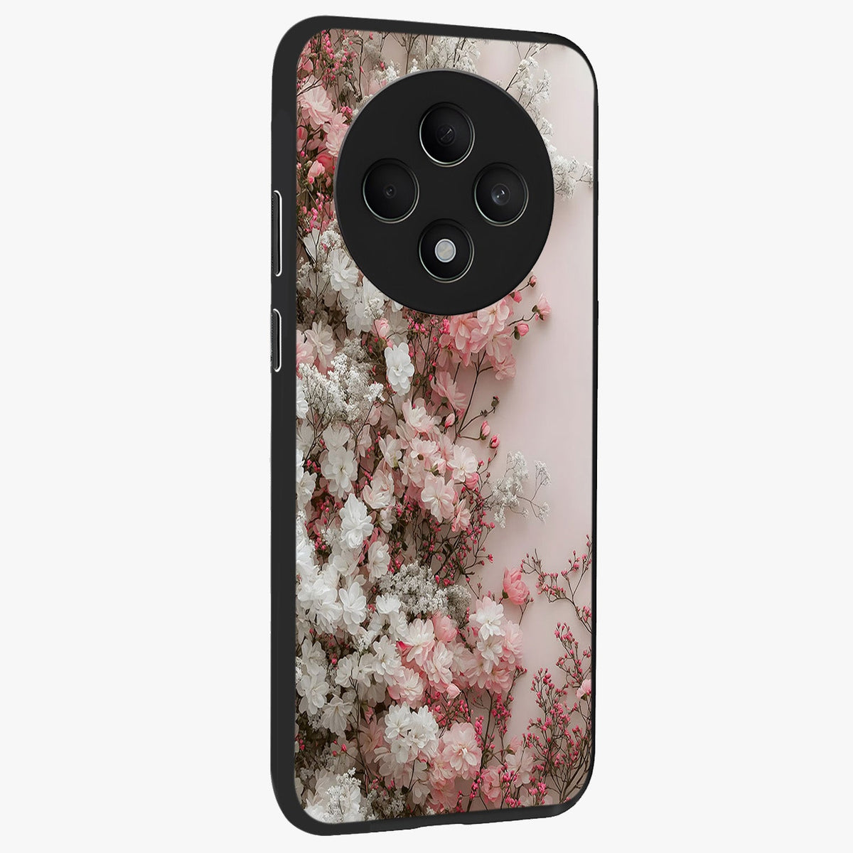 Blush Blossom Cloud Glass Case upright view showcasing calm floral cloud artwork with gentle dreamy theme.
