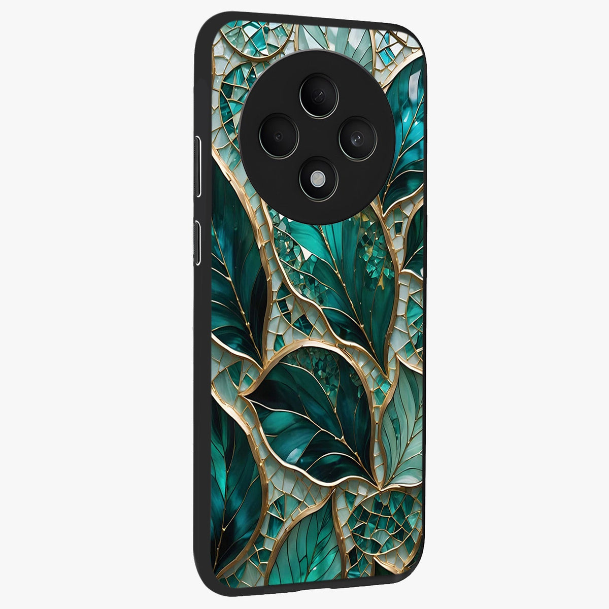 Emerald Leaf Glass Glass Case upright view showcasing fresh green leaf artwork with calming nature inspired style.