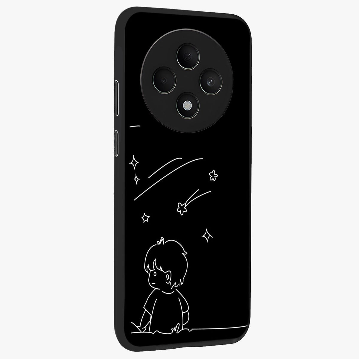 Line Art Boy With Shooting Stars Glass Case upright view showcasing artistic shooting star illustration with minimal style.