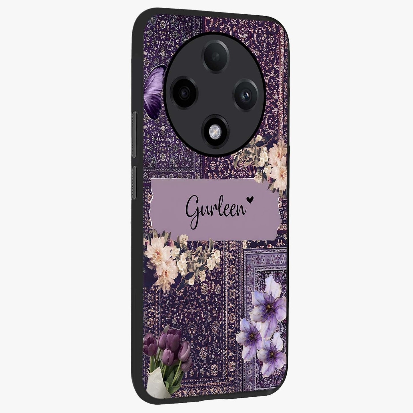 Antique Floral Whisper Custom Name Glass Case upright view showcasing delicate floral artwork with custom name feature.