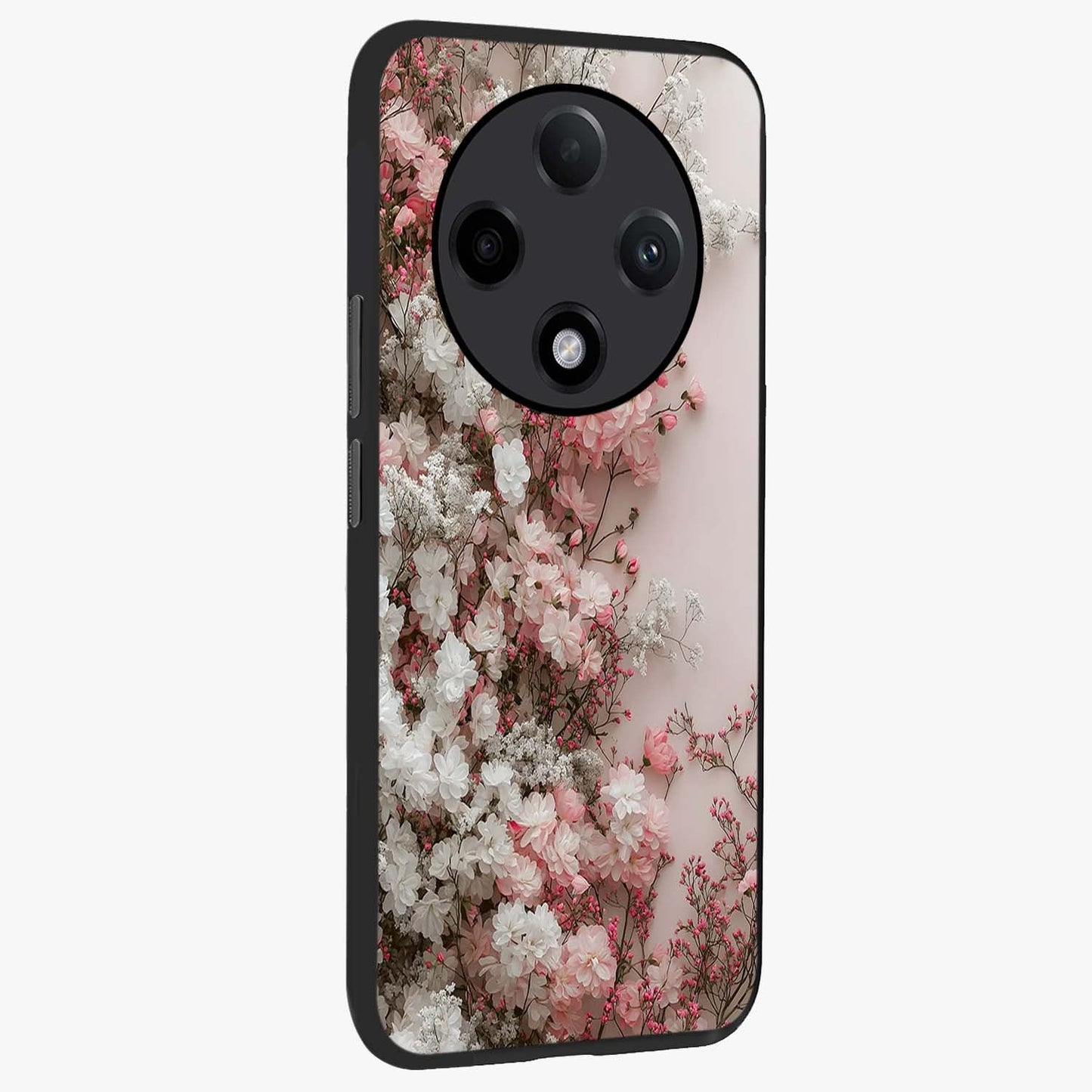 Blush Blossom Cloud Glass Case upright view showcasing calm floral cloud artwork with gentle dreamy theme.