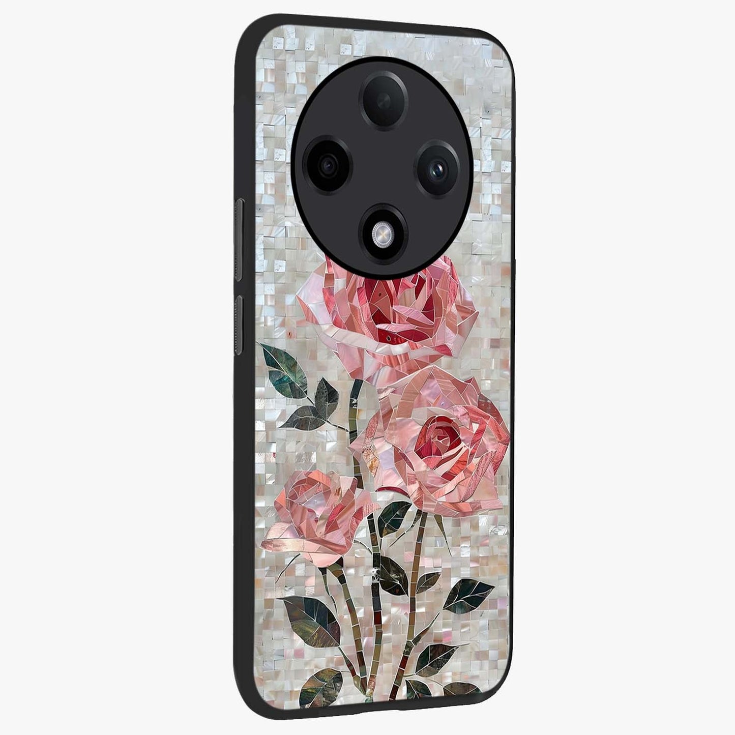 Blush Mosaic Bloom Glass Case upright view showcasing decorative floral mosaic artwork with stylish modern aesthetic.