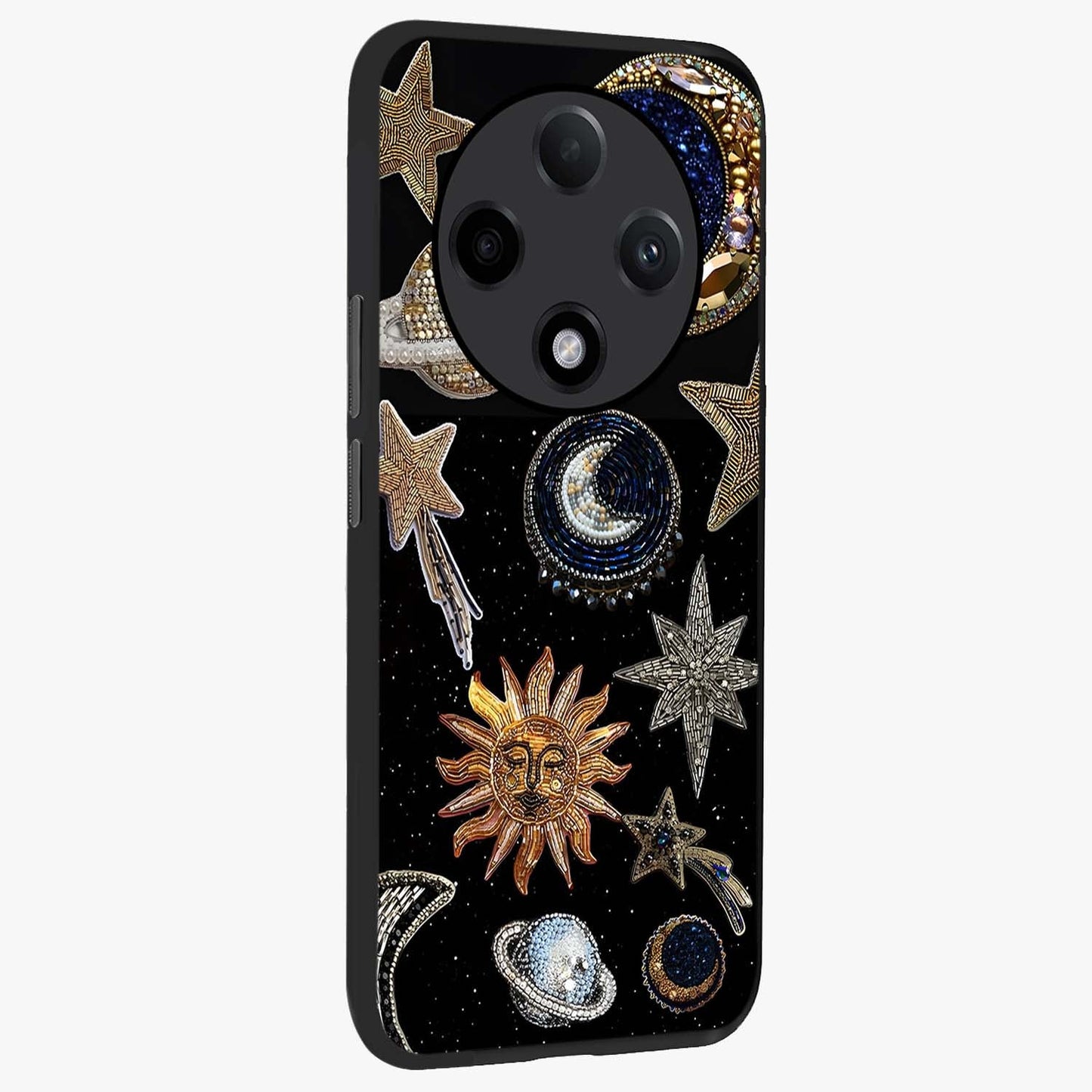 Celestial Gem Constellations Glass Case upright view showcasing cosmic constellation artwork with celestial aesthetic style.