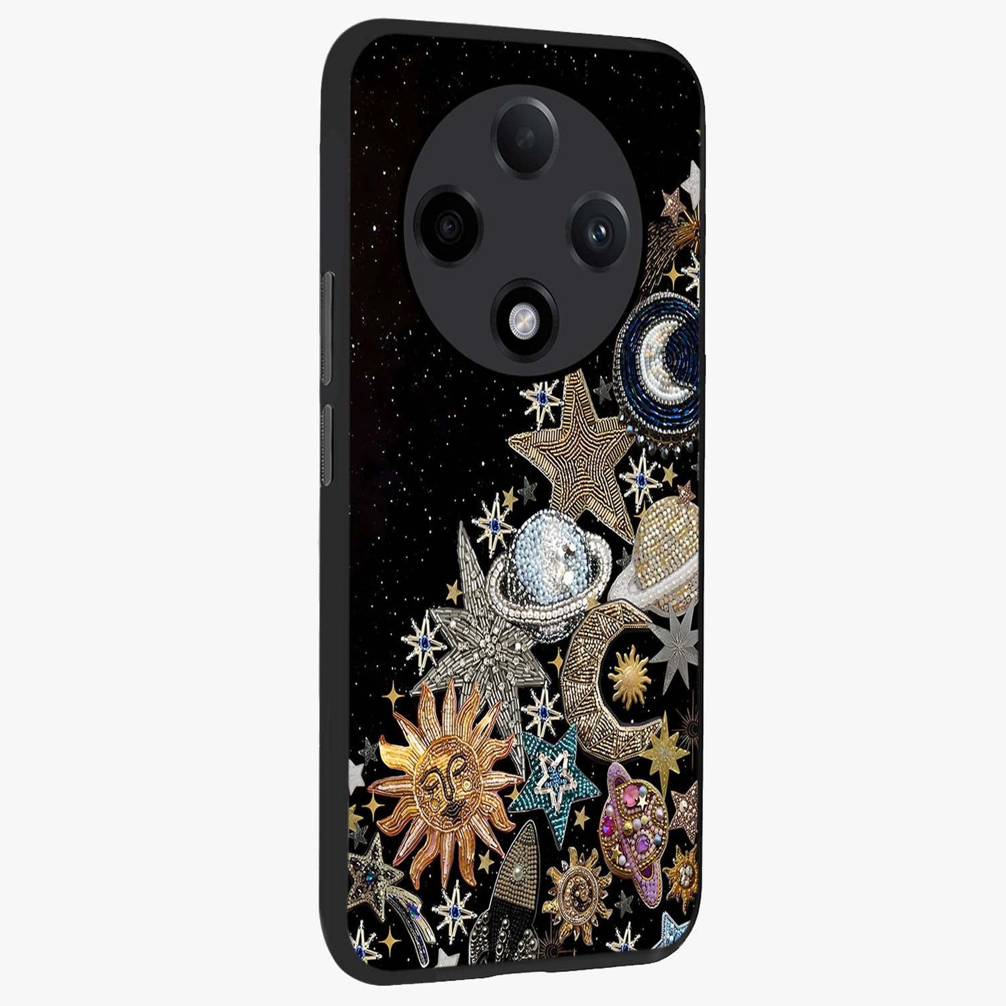 Cosmic Sparkle Dreams Glass Case upright view showcasing glowing cosmic artwork with magical galaxy theme.